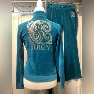 Juicy Couture Teal Velour Pants 30 x 30 Track Jacket with Gold Foil Logo